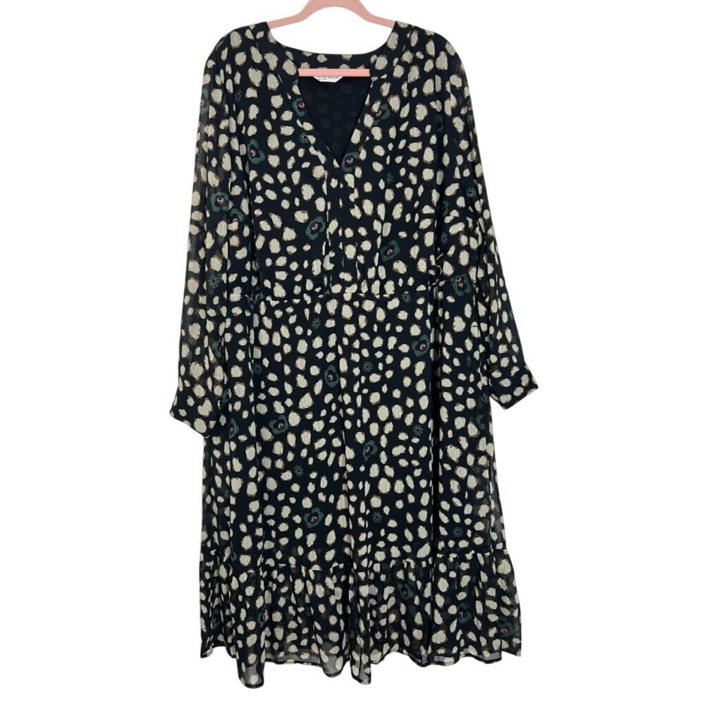 Studio Untold Black White Brown Long Sleeve Vneck Trapeze Swing Dress Size 24/26